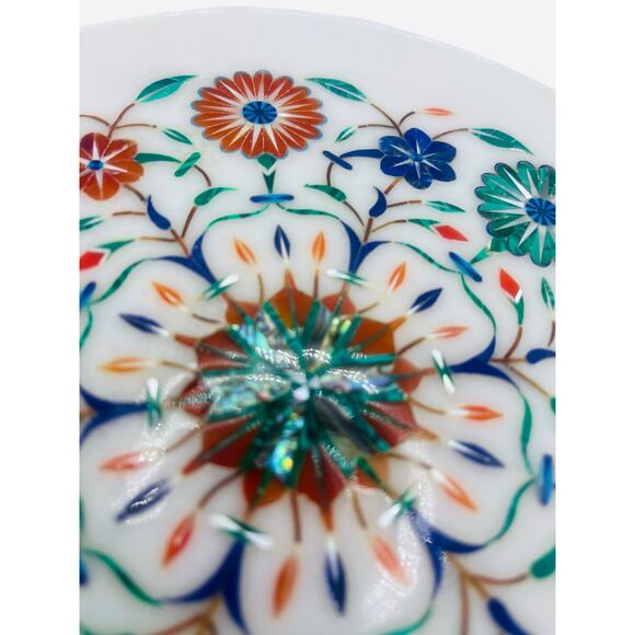 Ashi Couture White Marble Plate 10” Semi Precious Inlay Stone Floral Pattern - Picture 4 of 4